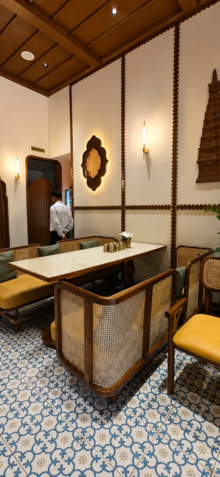 South Masala restaurant interior with handcrafted woodwork and warm seating