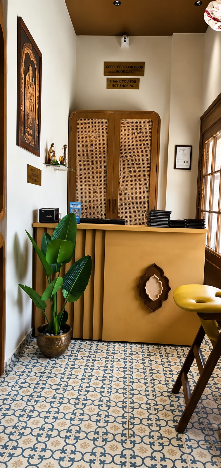 South Masala reception corner with cane cabinetry, greenery, and patterned flooring