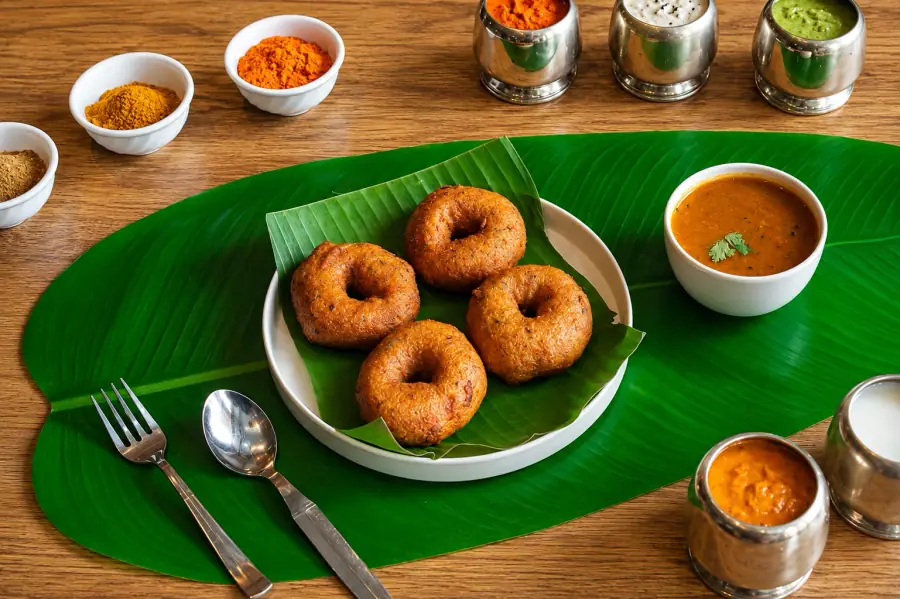 Golden medu vadas with South Indian accompaniments